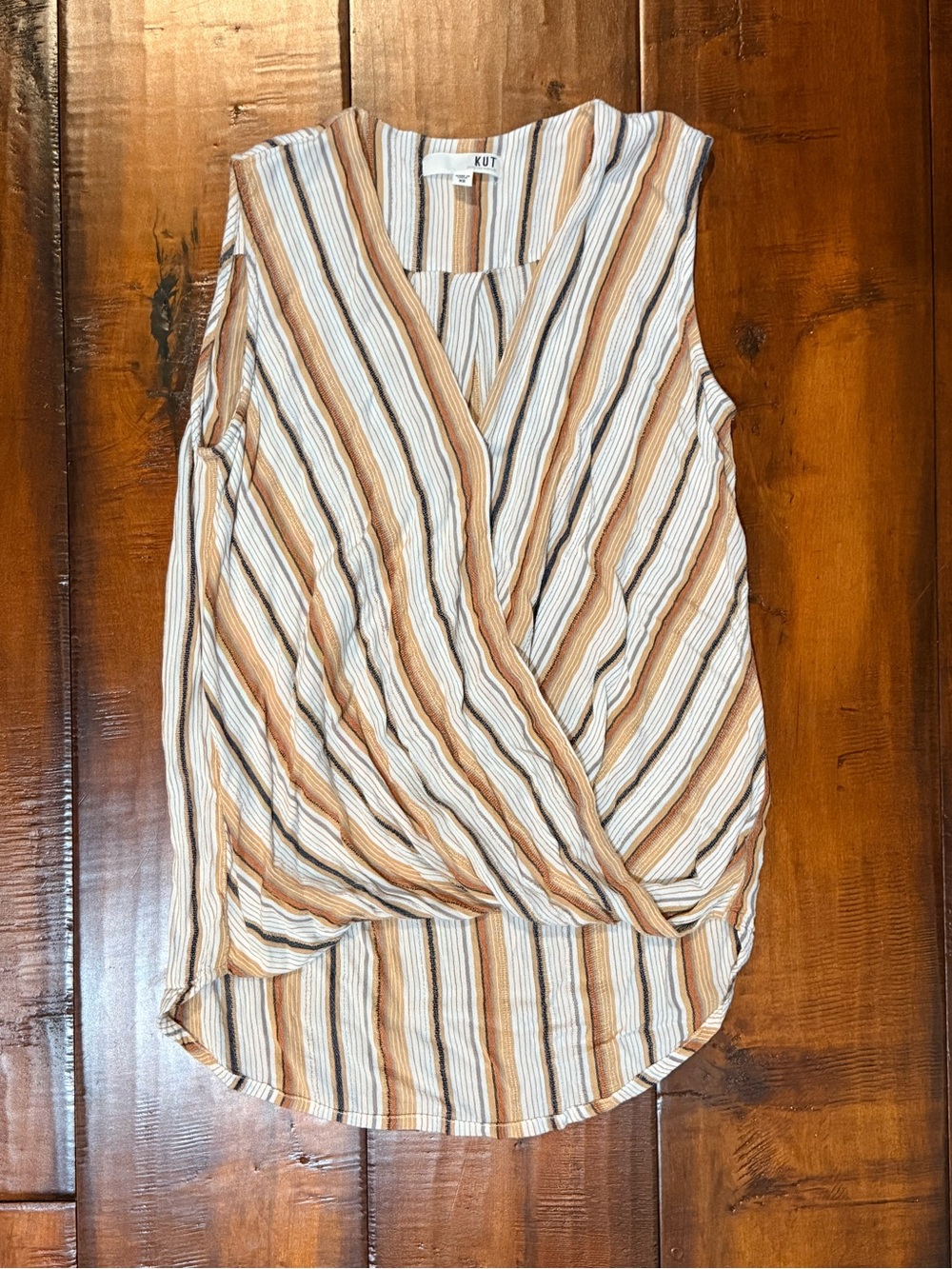 Kut from the Kloth Striped Wrap-Front Sleeveless Top in Cream, Tan, and Brown